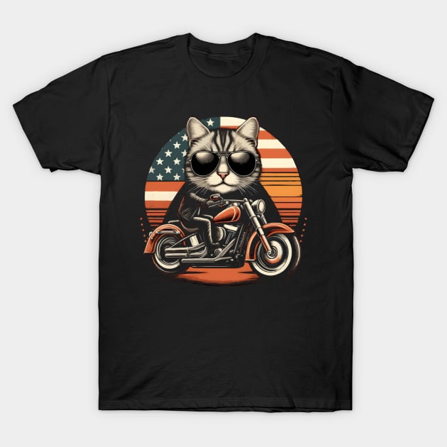 Funny Biker Cat Dad Fathers Day Motorcycle Motorcycle Rider Cat Lover Biker USA Flag T-Shirt by TopTees